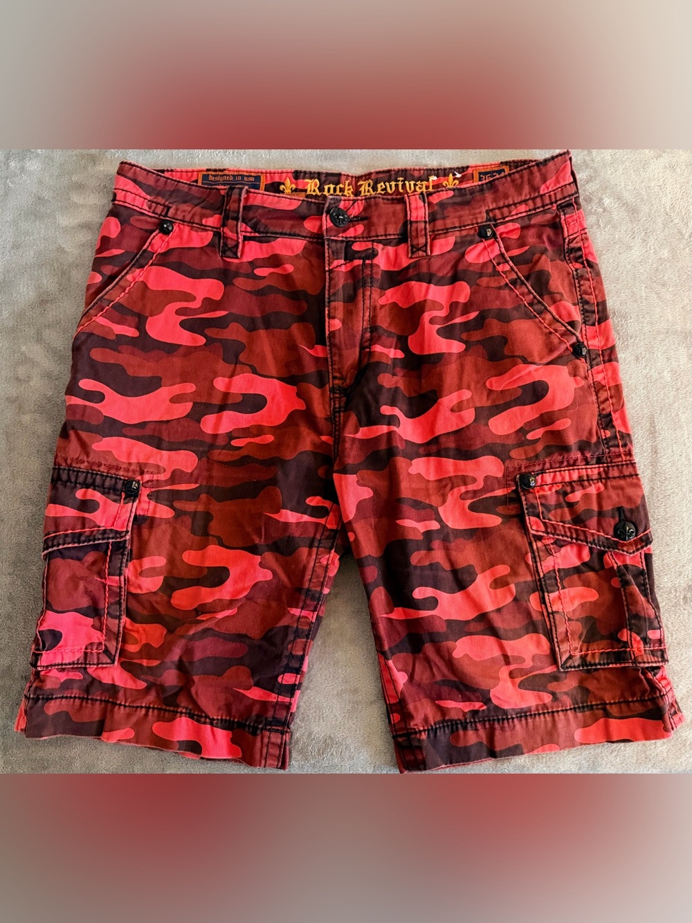 Rock Revival - Red - Men’s Camouflage Cargo Shorts - 36x24